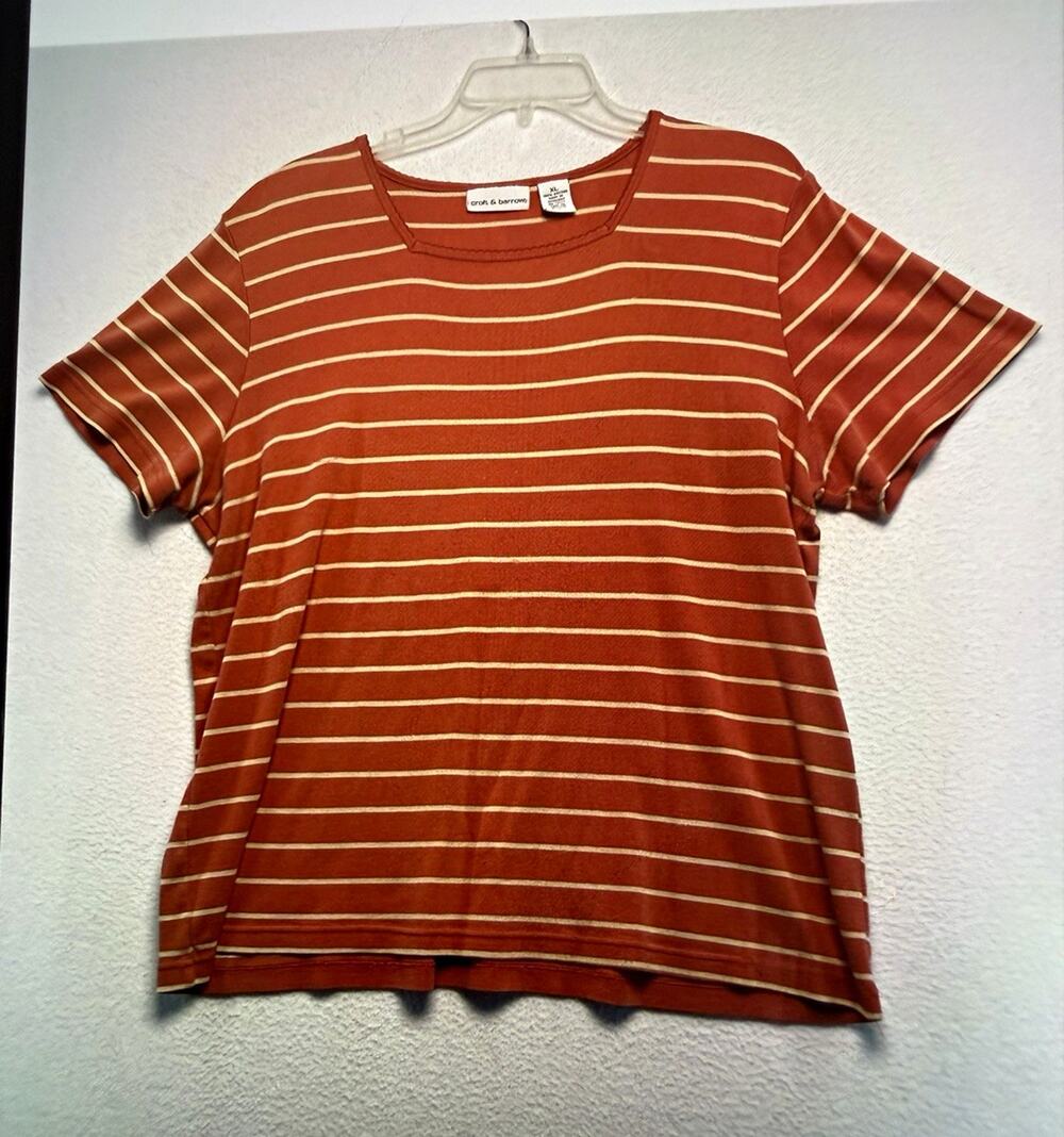 Croft & Barrow Women XL Orange Beige Stripe Cotton Knit Pullover Tee casual fall